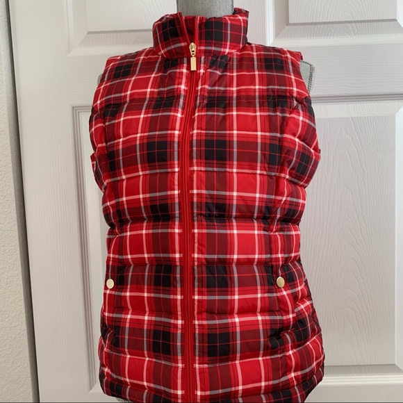 CHARTER CLUB red plaid puffer vest size S with gold zipper and pocket snaps - Picture 2 of 14